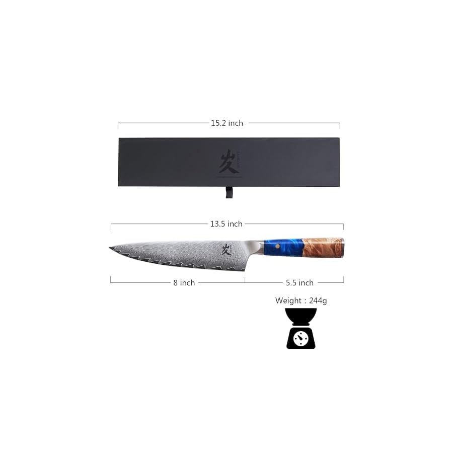 SAMCOOK Chef Knife - 8 Inch 67 Layer Forged Damascus Japan VG-10 Stainless Steel Kitchen Knives Blue Resin Wood Handle High Strength And Good Toughness Razor Sharp Cutting Meat
