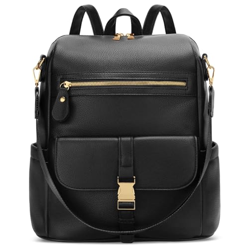 Image of KKXIU Backpack Purse for Women - Multi-pocket Leather backpack for Travel, Work & School with Anti-Theft Lock Pocket, Luggage Strap & Water Bottle Pockets - 13x14x5.2 Inch, 1.67lb (Black)