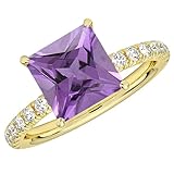 Princess Cut Purple Amethyst & White Diamond Bridal Engagement Ring For Women, 14K Yellow Gold Plated Silver February Birthstone Ladies Diamond Accented Ring