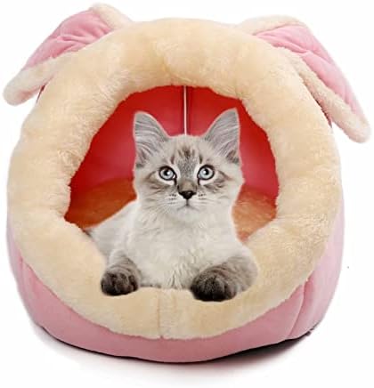 Cat Beds for Indoor Cats - Small Dog Bed with Anti-Slip Bottom, Rabbit-Shaped Cat/Small Dog Cave with Hanging Toy, Puppy Bed with Removable Cotton Pad, Super Soft Calming Pet Sofa Bed (Pink Large)