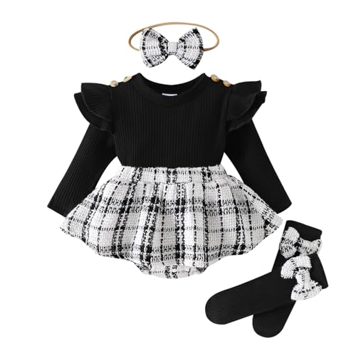 Newborn Baby Girl Plaid Outfits Long Sleeve Ruffled Romper Bodysuit with Bow Headband Socks Fall Winter Clothes