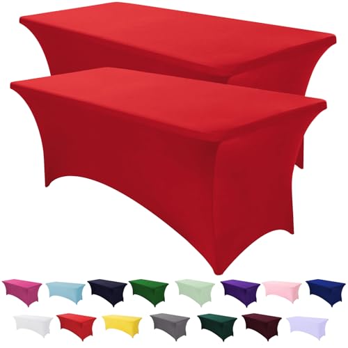 Image of SEPARO 2 Pack 4 Ft Red Table Cover Fitted Rectangular Tablecloth Stretchable Fabric Table Cloth 4 ft Wrinkle-Free for Party Tradeshows Banquet Weddings Cocktail