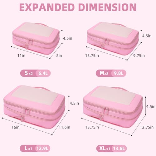 Image of BAGAIL 4 Set /6 Set /8 Set Compression Packing Cubes Travel Accessories Expandable Packing Organizers (Square Mesh, 06-Pink)