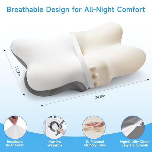 Image of Cervical Neck Pillow with 2 Heights (5.31 /3.54 in), Queen Size Bed Pillow with Cooling Pillowcase, Contoured Memory Foam Pillow for Side, Back & Stomach Sleepers, Ergonomic Pillow for Neck Pain Relief