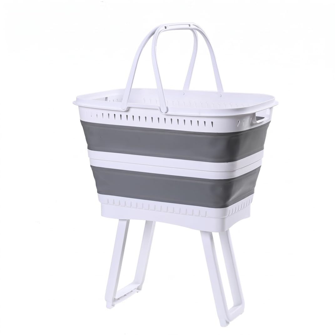 Vervevum Collapsible Plastic Laundry Basket with Legs, 26l Large Capacity Foldable Hamper With Handles for Bathroom, Bedroom, Kitchen, Playroom, Dorm, Gray, Folding Laundry Basket