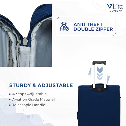 Image of Verage V Lite - Falcon 58 cms Navy Blue Carry-On Softside Trolley Bag Expandable Suitcase Travelling Spinner Luggage with Anti-Theft Zippers for Men and Women