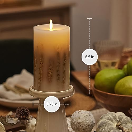 Image of Luminara Wheated Inclusion Realistic Artificial Moving Flame Pillar Candle - LED Battery Operated Candle Lights - Recessed Top - Real Wax - Remote Ready (Sold Separately) 3.25 inch x 6.5 inch