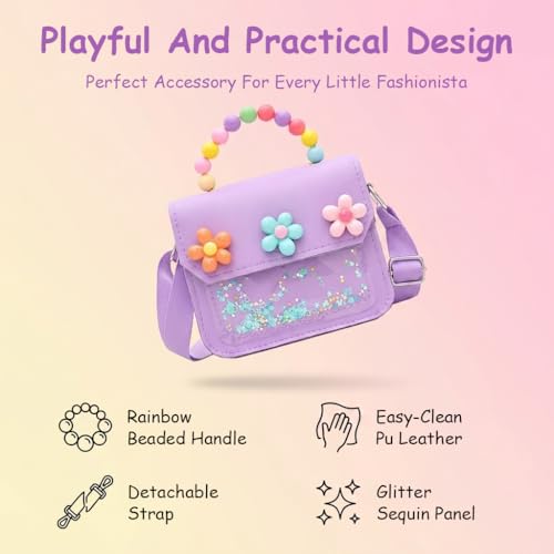 Image of PATPAT Flower Sling Bag for Girls, Fashion Purple Cute Hand Bag for Girls Shoulder Bags Stylish Gifts for Kids Age 3-8 Purse for Girl Cross Body Bags for Woman, 13x5.5x13cm
