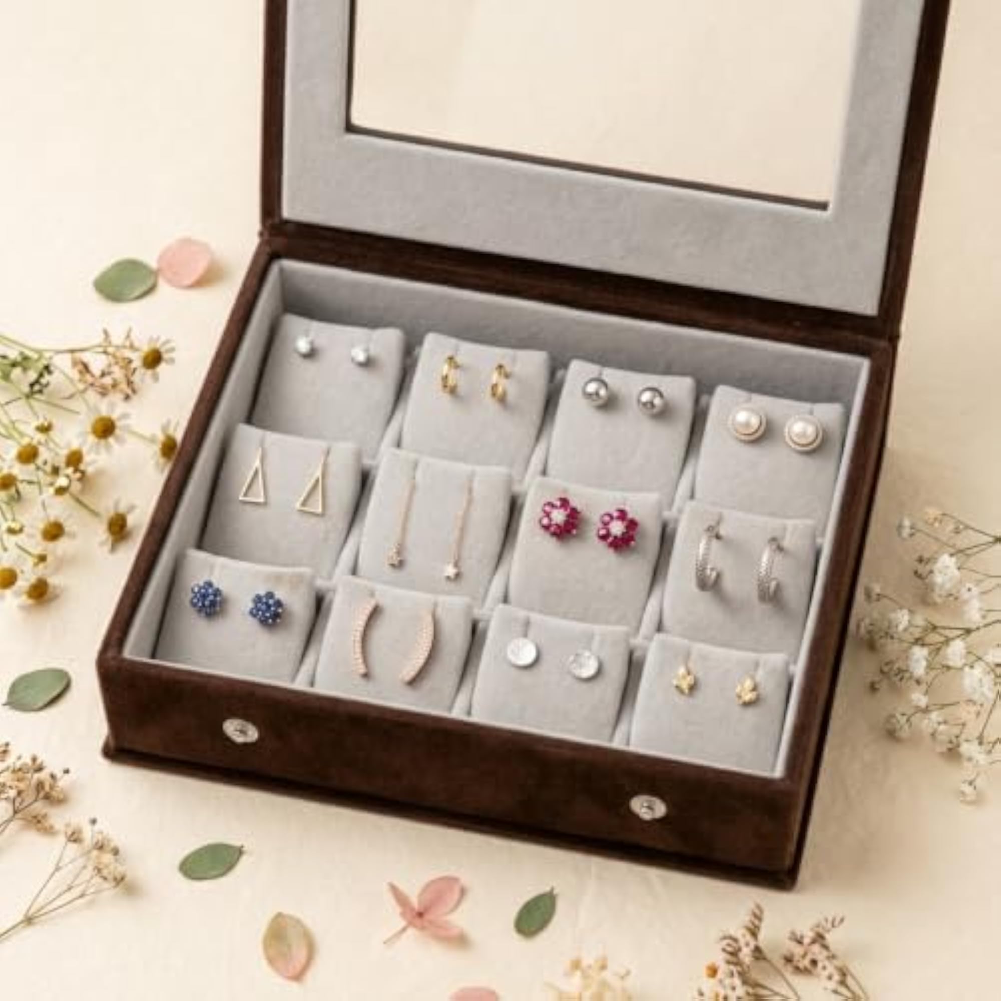 Earring Organizer Box with Mirror, 12 Pair Storage
