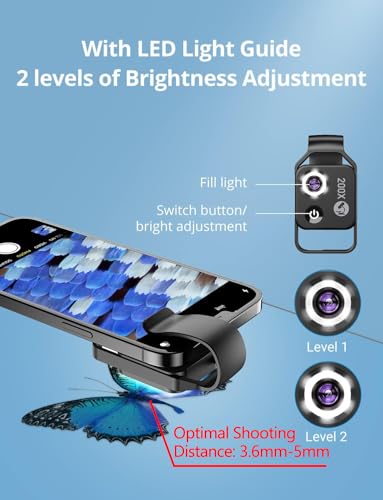 200X Phone Mini Pocket Microscope with LED Light/Universal Clip, Nano Zoom Portable Digital Microscope Camera Attachments for 99% Smartphone, Microworld for Kids Adults(Black 200X with CPL)