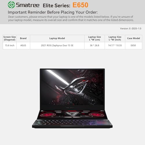 Image of Smatree Laptop Sleeve for 15.6 inch ASUS 2021 ROG Zephyrus Duo 15 SE GX551QS-XS99 /GX551QS-XS98 /GX551QS-XB99, Case with Accessory Pocket, YKK Zipper, Patented Super-Corner Design(E650)