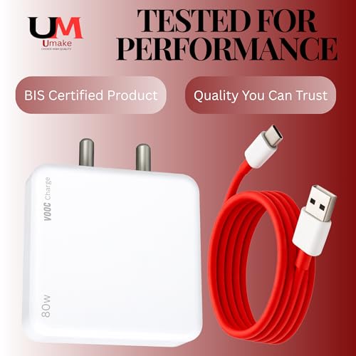 Image of Umake 80W Fast Charger Adapter with Cable, BIS Certified Mobile Charger, Fast Charging Wall Adapter Compatible with Samsung, Vivo, Oppo, Redmi, OnePlus & Android Devices