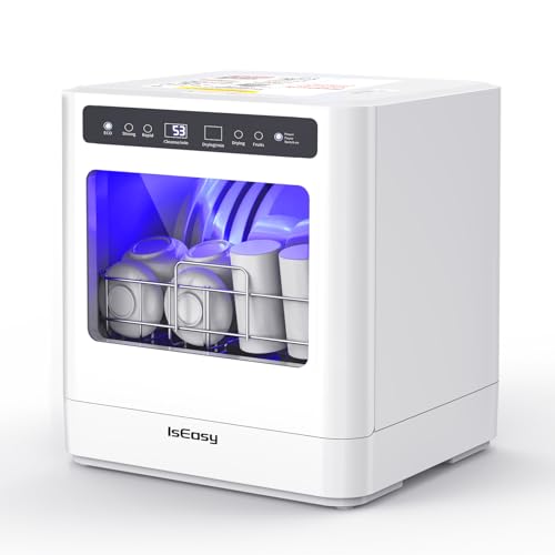 IsEasy Tischgeschirrspüler, Mini Geschirrspüler mit 5 Programme, 360° nahtlose Reinigung, Heißlufttrocknung, 60 Minuten Trocknen, 72 Stunden Lüften, Geeignet für Küche, Immobilien, Camping, Weiß