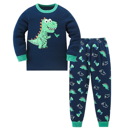 Codkkre Schlafanzug Jungen Kinder Pyjama Junge Auto Langarm Baumwolle Winter Weihnachten Nachtwäsche Gr.104, Dunkelblau/Dinosaurier