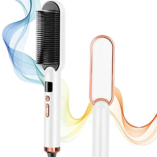 Hair Straightener Brush, PTC Ceramic Heating Ionic Hair Straightening Brush with Anti-Scald Design, Hair Straightening Comb and Hot Curling Iron for Women, Professional Salon at Home (White)