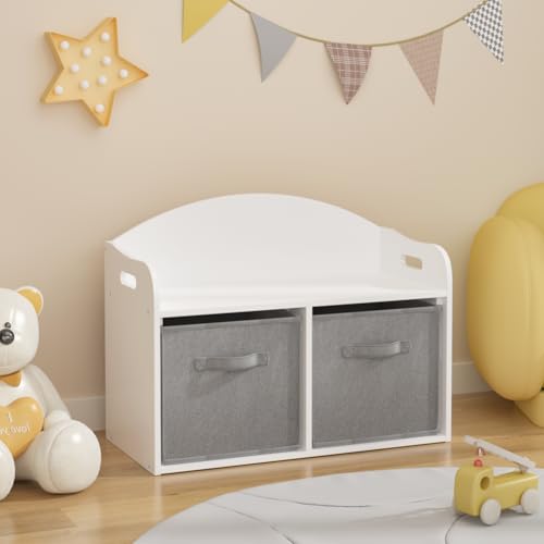 Kids Wooden Toy Box/Bench with Collapsible Fabric Drawers, Toy Storage Cabinet Organizer, White