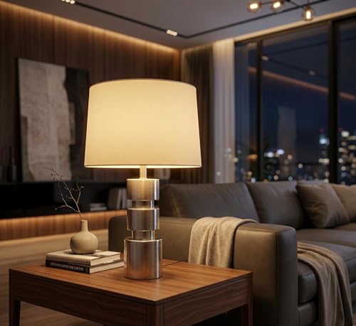 Image of Modern Silver Cylinder Table Lamp with Iridescent Glass Shade - Luxury Metallic Bedside Light for Living Room & Bedroom Decor