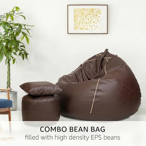 Image of Amazon Brand - Solimo 6XL Faux Leather Bean Bag with Footstool & Cushion Combo for Living Room | Bean Bag Filled with Beans | Capacity Upto 6'9 inch Height & 135 Kg Weight | (Brown with Beige Piping)