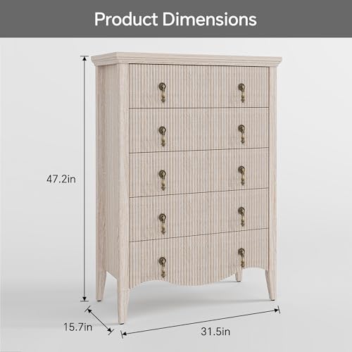 Image of 5-Drawer 47 inch Tall Fluted Dresser, Vertical Chest of Drawers,Nature Oak | Vintage Dark Brown Wood-Look, Freestanding Vertical Organizer, Antique Pulls, For Bedroom, Living Room, Closet, Hallway