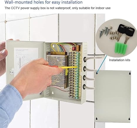 SQUADO Alimentatore per Telecamere CCTV, 12V 10A, 9 Uscite, Stabilizzato, Scatola di Alimentazione 12V 10A 220v A22