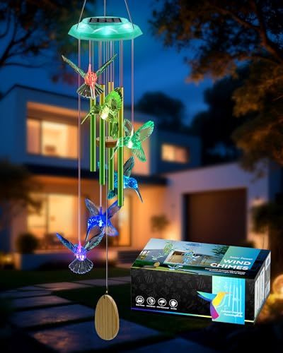Hummingbird Solar Wind Chimes Birthday Memorial Gifts for Women Mom Glowing Top Color Changing Hummingbirds Moblie LED Wind Chime for Outside Outdoor Home Party Garden Decor Light(Green)