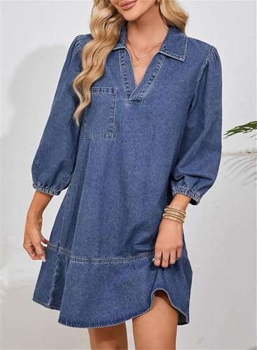 Women's V-Neck Puff Sleeve Denim Layered Dress, V Neck 3/4 Puff Sleeve Jean Dresses Women Fashion Fall Casual Babydoll A Line4
