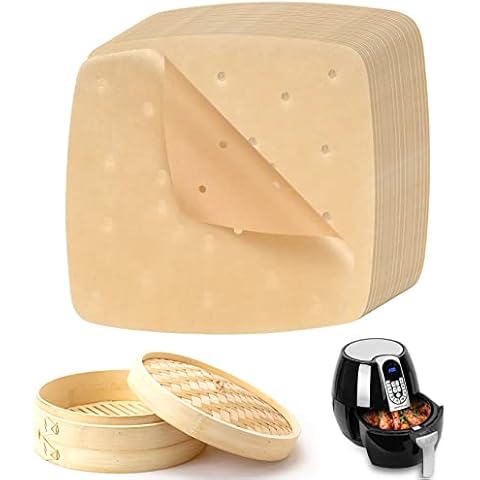 200 Sheets 22 cm Perforated Baking Paper, Air Fryer, Parchment Paper, Hot Air Fryer, Liner Dim Sum Paper, Steaming Paper, Baking for Air Fryer, Cooking, Steaming Desserts - Wood Colour Cover