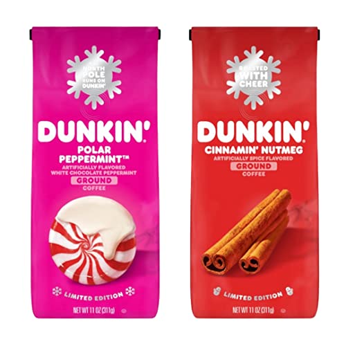 Dunkin' Limited Winter Edition Holiday Ground Coffee 11 oz (2, Polar Peppermint & Cinnamin' Nutmeg (1 Bag Of Each Flavor))