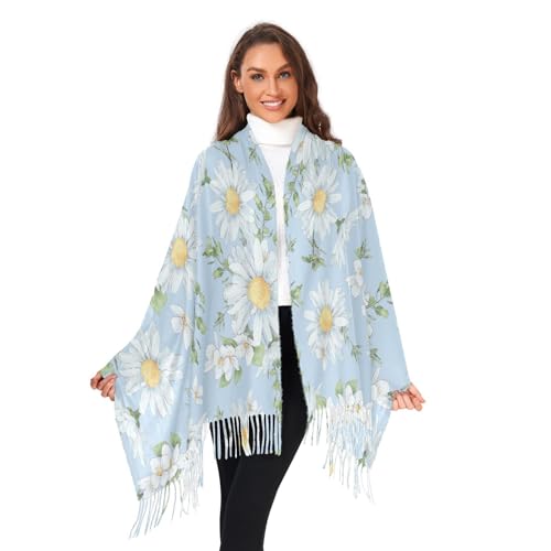 VIGTRO Daisies and Wildflowers Pashmina Shawl Wrap for Women and Men, Watercolor Soft Winter Warm Scarf with Tassels for Evening Dress