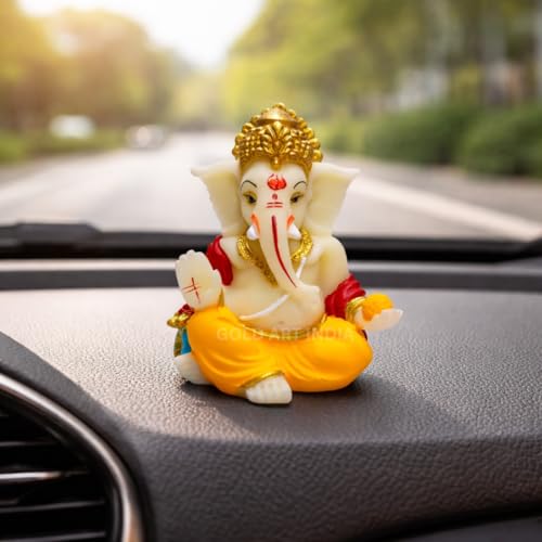 Image of Gold Art India Gaddi Ganesha Idol 3.5 inch - Ivory Multicolour Ganpati Murti with Golden Jewelry | Hand-Painted Polyresin Ganesh Idol for Car Dashboard, Home Temple, Office Desk Decor