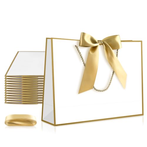 Image of JMANNI 12 Pcs Wedding Paper Gift Bags with Handle,13 inch Medium Thank You Gifts Bags with Ribbon Bow Bridal Shower Gifts for Baby Shower Graduation Holiday Birthday Party Supplies Mothers Day(white-gold)