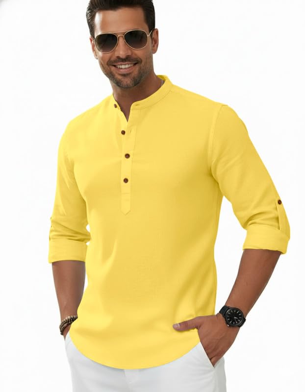 Image of Macsivo Men's Cotton Blend Solid Short Kurta with Regular Lenth Mandarin Neck Full Sleeves and roll-up tab| Kurta Style Shirt for Men
