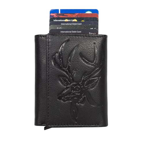 Image of Men's Genuine Leather RFID Wallet | Premium Slim Red Wallet for Men with Deer 3D Print | 8 Card Slots Secure and Durable Design | Casual Stylish | Formal & Gifting Use, Black and Silver