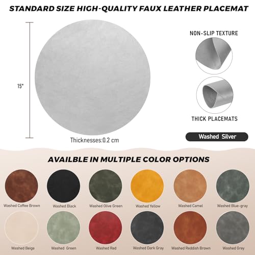 Image of UnivoColors Placemats Round Faux Leather Placemats Set of 8-Waterproof-Wipe Clean-Heat Resistant-Anti Slip Dining Table Place Mats,Suitable for Indoor & Outdoor Use,15 inch.Silver