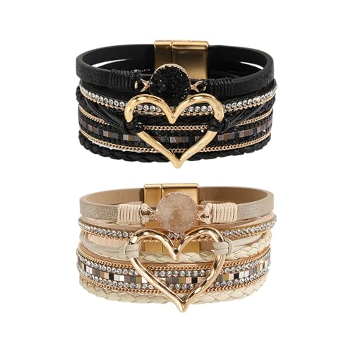 Bracelets en Cuir Strass pour Femmes, 2 Pièces, Multicouches en Forme De Cœur, Bijoux À La Mode, Accessoires De Décoration pour Vêtements