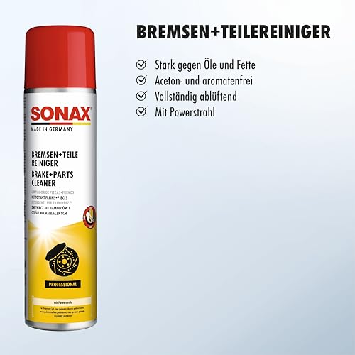SONAX Bremsen+TeileReiniger (400 ml) entfernt schnell und vollkommen rückstandsfrei Bremsstaub sowie alle öl-, fett- und silikonhaltigen Verschmutzungen und Verkrustungen | Art-Nr. 04834000