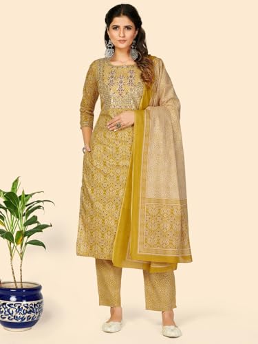 Image of Vbuyz Women's Printed & Embellished & Mirror Work Straight Cotton Stitched Kurta set | Straight Kurta Pant Dupatta | Kurta Set with Dupatta for Women | Suit Set | Ethnic Set | Printed Kurta Set