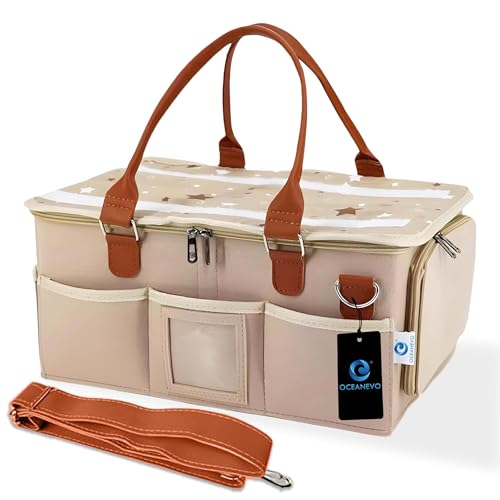 OCEANEVO Cute Felt Diaper Caddy Organizer Bag with Lid and Removable Shoulder Strap | Baby Basket Es...