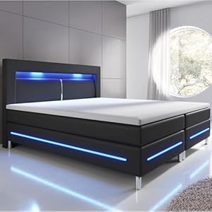 Juskys Boxspringbett Norfolk 140x200 cm Schwarz LED