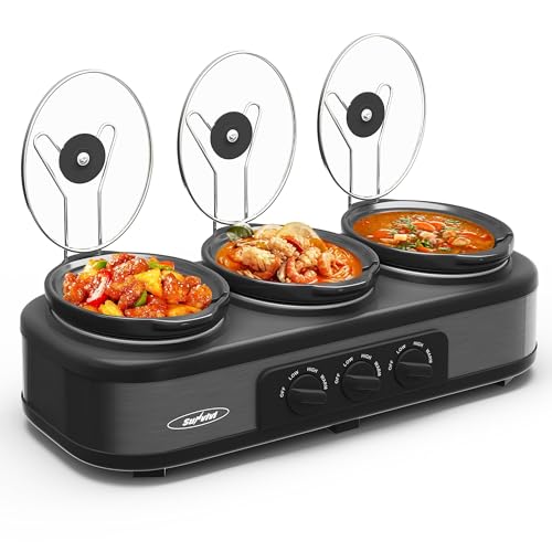 Sunvivi Triple Slow Cooker, Buffet Food Warmer with 3 * 1.5 Quarts Removable Ceramic Pots, Buffet Servers and Warmers with Glass Lids and 3 Spoons, Stainless Steel, Grey
