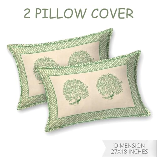 Image of Living Roots Ethnic Jaipur Block Print Double Cotton Bedsheet & 2 Pillow Covers, for Mattress Upto 6 inches Thick, No Colour Bleeding, Leaf Green Colour, King Size 90 * 108 inches, 120TC (605-A)