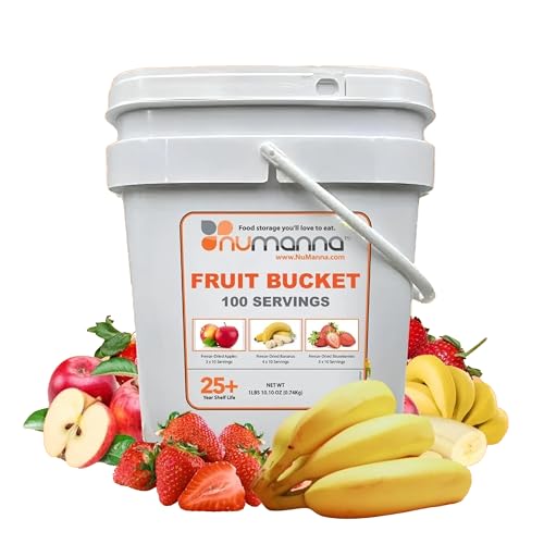 Numanna Freeze-Dried Fruits Bucket 100 Servings Includes Apples, Bananas & Strawberries No Additives Healthy Snack for Everyday Use, Emergency & Survival Meals | Durable Packaging 25-Year Shelf Life