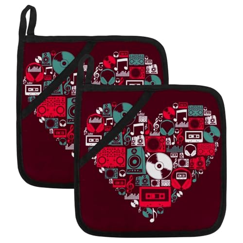Set di 2 presine da cucina con icone della musica dj a forma di cuore, presina per cucina, resistenti al calore, microonde, cottura al forno, piatti e barbecue