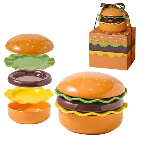 Yately Juego de Platos y Tazones de Cerámica para Hamburguesa, Juego de 5 Tazones y Platos para Hamburguesa, Divertido Juego de Tazones para Té de la Tarde, Postres, Galletas, Bistecs