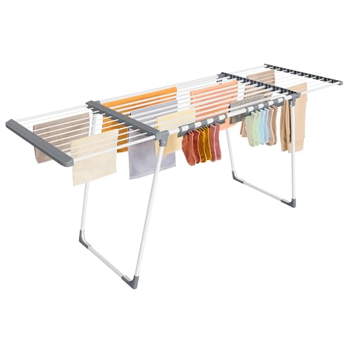 SONGMICS Étendoir à Linge, Séchoir sur Pied, Ailes Extensibles, 22 m de Longueur d’Étendage, avec Porte-Chaussettes, Pliable, Blanc Perle et Gris Tourterelle LLR522WK01