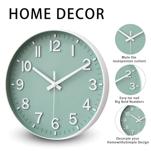 Image of HZDHCLH Wall Clocks Battery Operated,Wall Clock Green,12 inch Wall Clock Silent Non Ticking Modern 3D Numbers for Kitchen Bedroom Living Room Office Classroom Decor