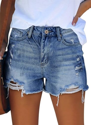 Image of onlypuff Womens Jean Short Cut Off Denim Shorts High Waist Ripped Distressed Stretchy