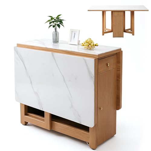 vA5cM7rK Unidad de Almacenamiento con Isla de Cocina Mesa Plegable de Madera Maciza, Isla Cocina Extensible con Ruedas, Almacenamiento, Piedra sinterizada(Pequeño)