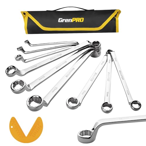 GRENPRO Wrench Set Offset Wrench Set Metric and Standard 10PC 6-23mm 75-Degree Large Wrench Kit Tool With Roll Up Pouch With 1 Gauge Extra Long Big Double Box End Wrenches Sets with 6 Point