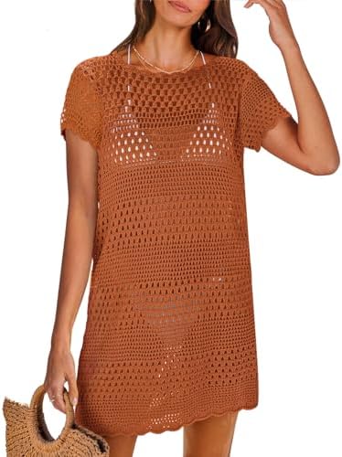 ANRABESS Women Swimsuit Crochet Swim Cover Up Summer Bathing Suit Swimwear Knit Short Sleeve Pullover 2024 Beach Dress